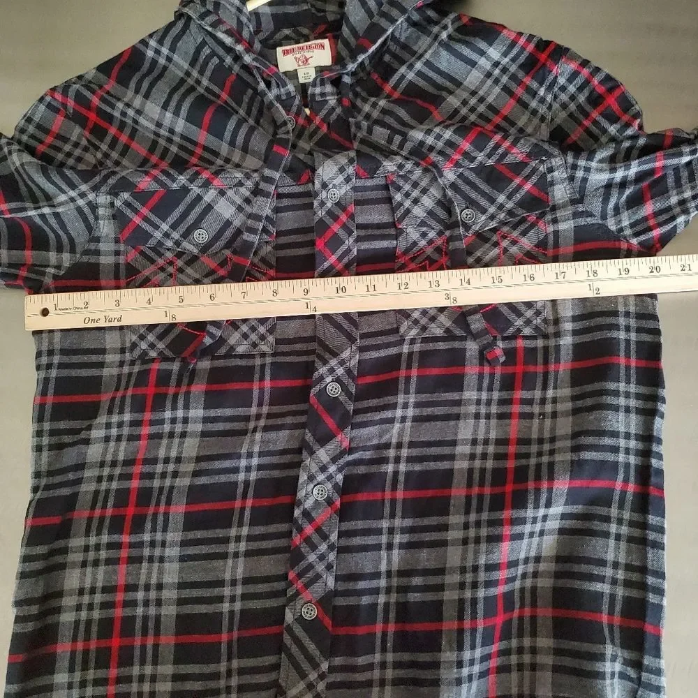 True Religion Mens Plaid Utility Hoodie Black Red Hooded Flannel Shirt Small